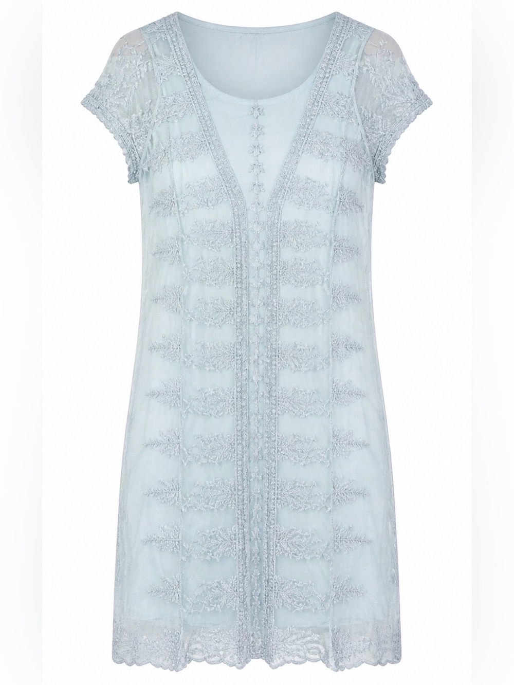 SUNDANCE Misty Dreams Embroidered Mesh Overlay Dress Starlight Aqua M Petite